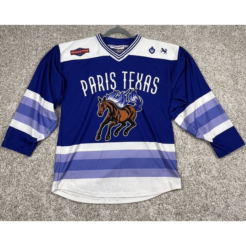 Athletic Knit Paris Texas Hockey Jersey Blue White Horse Graphic Adult Size S